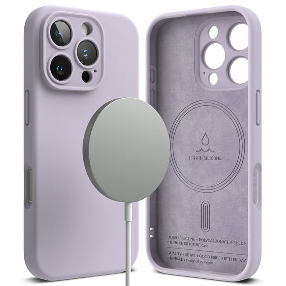 Ringke Silicone Magnetic for iPhone 16 Pro Case, Compatible with MagSafe Stain Resistant Lightweight Soft Touch Microfiber Inner Flexible Phone Cover - Light Purple