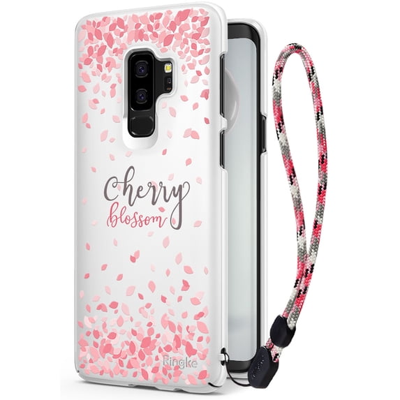 Ringke Slim (Cherry Blossom) Case Compatible with Samsung Galaxy S9 Plus, Solid Sakura Petal Fashionable Design Cover with Wrist Strap - White