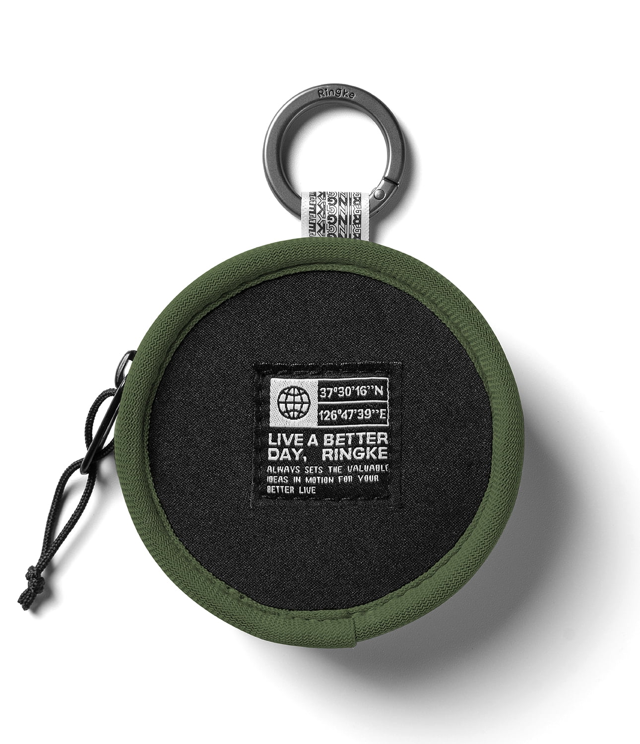 Ringke Tambourine Bag for Universal Earphone AirPods Pro Galaxy Buds Cards, Durable Small Round Carrying Mini Pouch with Key Ring Accessories - Olive Green