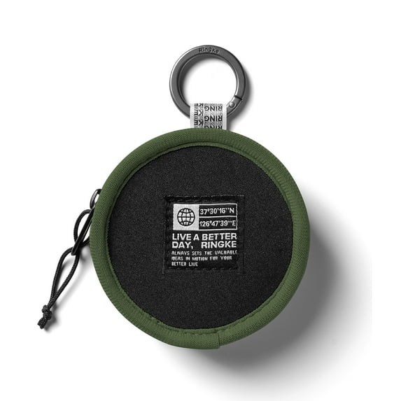 Ringke Tambourine Bag for Universal Earphone AirPods Pro Galaxy Buds Cards, Durable Small Round Carrying Mini Pouch with Key Ring Accessories - Olive Green