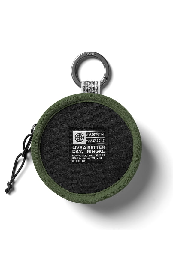 Tambourine Bag for Universal Earphone AirPods Pro Galaxy Buds Cards, Durable Small Round Carrying Mini Pouch with Key Ring Accessories - Olive Green