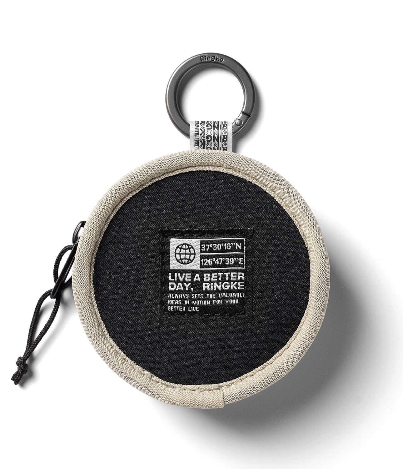 Ringke Tambourine Bag for Universal Earphone AirPods Pro Galaxy Buds Cards, Durable Small Round Carrying Mini Pouch with Key Ring Accessories - Beige