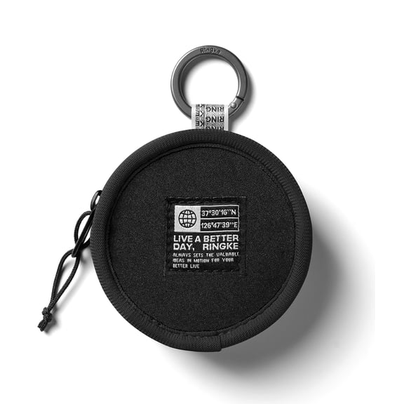Ringke Tambourine Bag for Universal Earphone AirPods Pro Galaxy Buds Coins, Durable Small Round Carrying Mini Pouch with Key Ring Accessories - Black