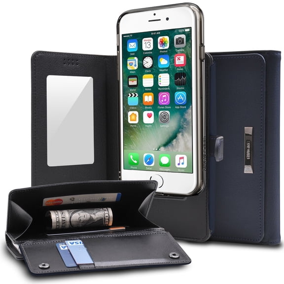 Ringke Wallet Case Compatible with iPhone 7 Plus, Camera Slide, Card Slot Holder, Premium PU Leather, Flip Mirror Wallet Cover - Navy