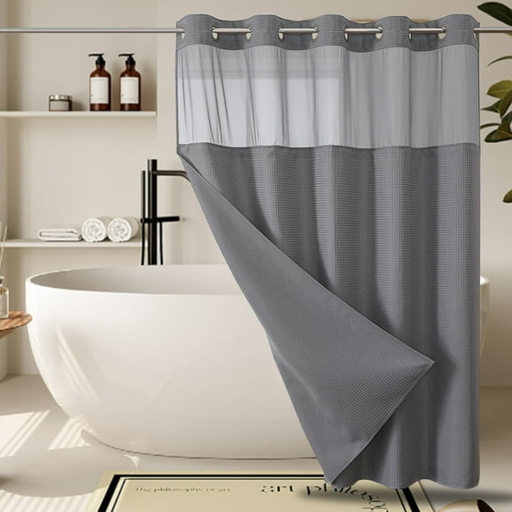 Ringless Shower Curtain No Hook Waterproof Fabric with Wave Weave, Built-in Detachable Liner, Easy Installation, Hotel Standard, 71" W x 74" L, Gray
