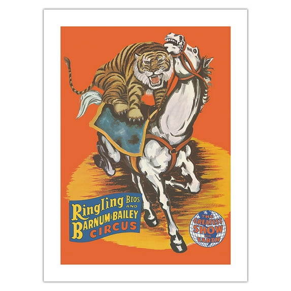 Ringling Bros and Barnum & Bailey Circus - Tiger On Horse - Vintage Circus Poster c.1966 - Bamboo Fine Art 290gsm Paper Print (Unframed) 18x24in