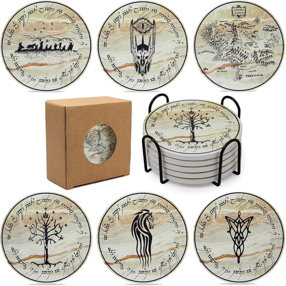 Rings Absorbent Coasters for Drinks,Coasters for Home Decor,6Pcs Rings Stone and Cork Coaster Set with Holder for Coffee TableMerchandise Gift for Women Men Fans