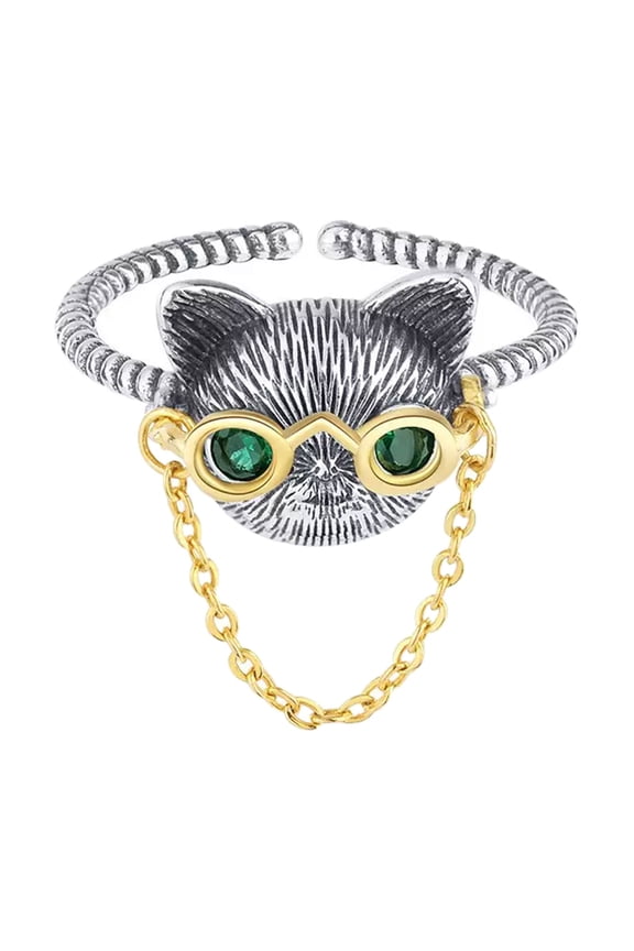 Rings Adjustable Chain Cat Ring Style Distress S925 Silver Ring,One Size,Silver