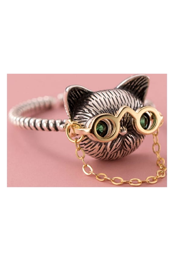Rings | Adjustable Chain Cat Ring Style Distress S925 Silver Ring, Silver