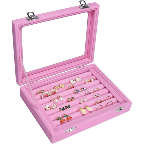 Rings Organizer Tray, Velvet Jewelry Earring Storage Box with Transparent lid Jewelry Display Case for Girls Wife Mom Women