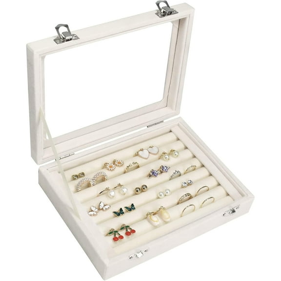 Rings Organizer Tray, Velvet Jewelry Earring Storage Box with Transparent lid Jewelry Display Case for Girls Wife Mom Women
