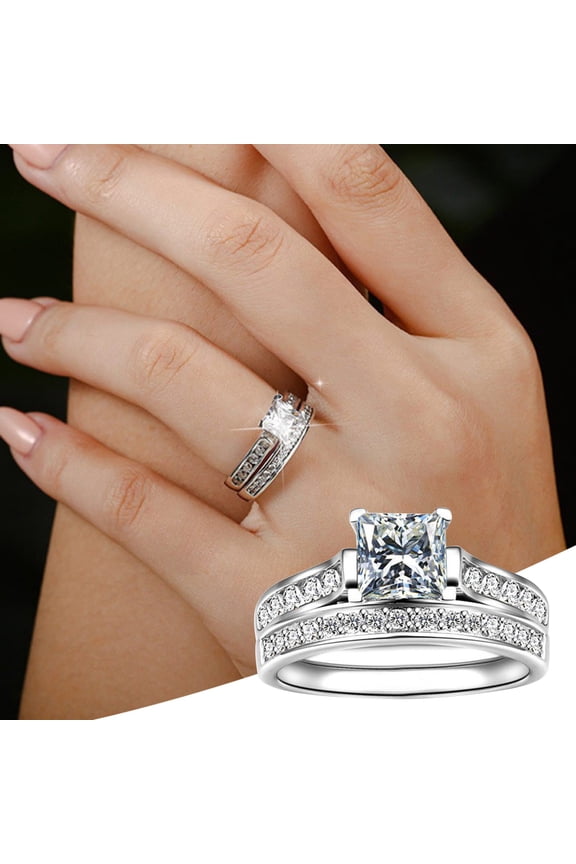Rings Product 2Pcs White Square Zircon Ring Set for Women and Couple - Timeless White Zircon Jewelry for Proposal and Everyday Wear 2PCS