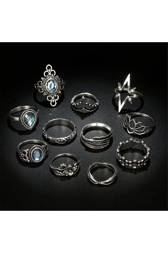 Rings Ring Black 11 Combination Piece Minimalist Flower Rings for Women Modern Jewelry Ideas, 1.5-1.9 cm, Silver