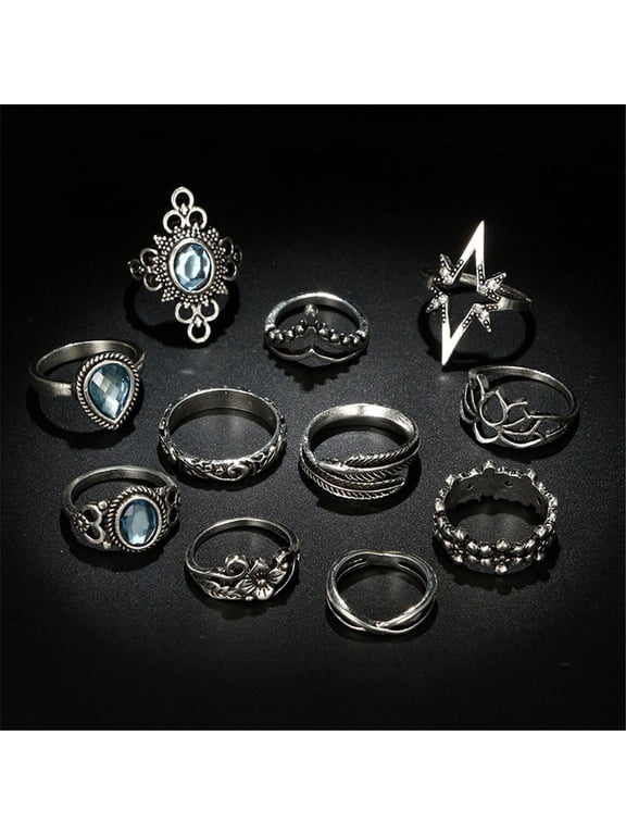 Rings Ring Black 11 Combination Piece Minimalist Flower Rings for Women Modern Jewelry Ideas, 1.5-1.9 cm, Silver