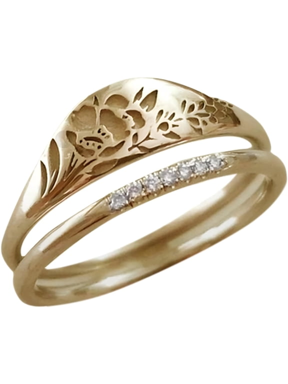 Gold Plated Rose Flower Engraved Stackable Ring Set for Women, Gold Color, Size 5