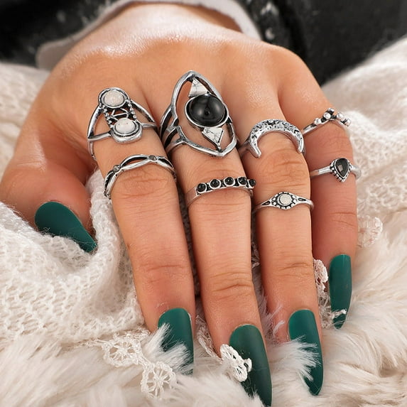 Rings for Women & Girls 8 PCS Set, Stackable Knuckle Ring Boho Bohemian Vintage Geometric Gem Stone Jewel Moon Marble Pattern Finger Rings Teens (Silver)