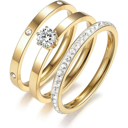 Rings for Women, Gold Rings with Heart Round Cubic Zirconia Moissanite Ring 3 in 1 Set 18K Gold Plated Stainless Steel Stackable Rings for Women Size 5-10