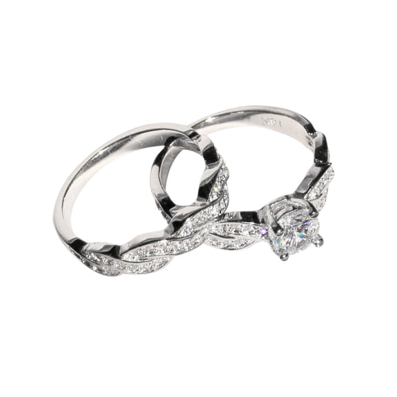 Jiyugala Silver Zirconia Round Cut Solitaire Engagement Ring Set, Alloy, 2 x Rings