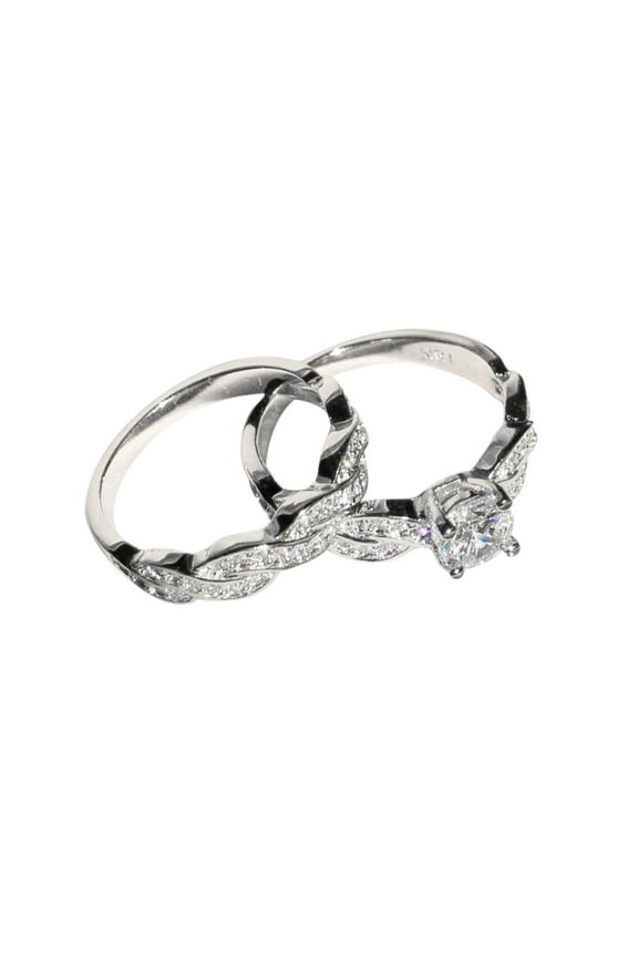 Silver Zirconia Round Cut Solitaire Engagement Ring Set, Alloy, 2 x Rings