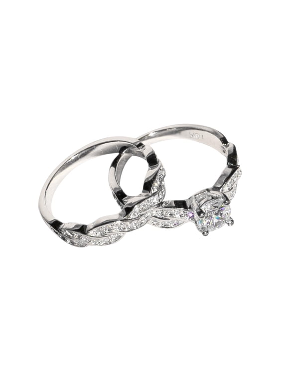 Silver Zirconia Round Cut Solitaire Engagement Ring Set, Alloy, 2 x Rings