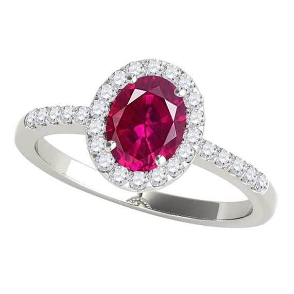 Rings for Women 1.05 Carat Diamond and Oval Shaped Created Ruby Ring prong 10K White Gold