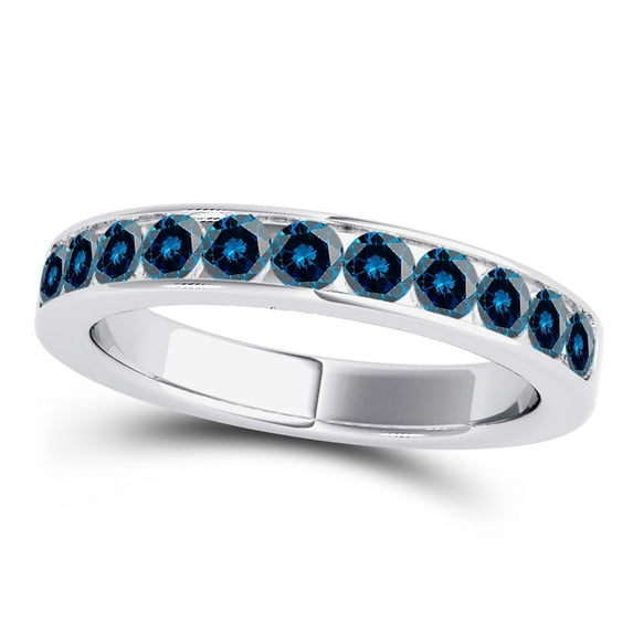 Rings for Women 1 Carat Engagement Blue Diamond Wedding Band Channel-Setting 14K Solid White Gold Genuine Diamond