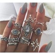 GMYLE Rings for Women & Girls 11 PCS Set, Stackable Knuckle Ring Boho Bohemian Vintage Gem Stone Jewel Flower Feather Pattern Finger Rings Teens (Silver)