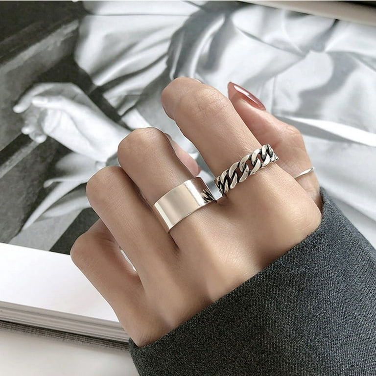 Rings for Women & Girls 2 PCS Set, Stackable Knuckle Ring Open Ring  Adjustable Vintage Cool Chic Simple Chain Style Finger Rings Teens (Silver)  