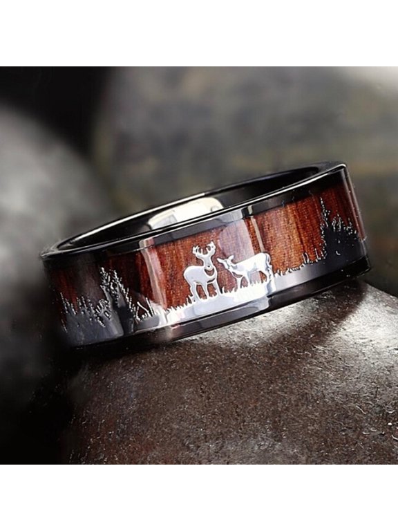 Rings for Women Sawvnm Black Ring Wood Inlay Deer Stag Ring Mens Wedding Band Women Gift on Clearance