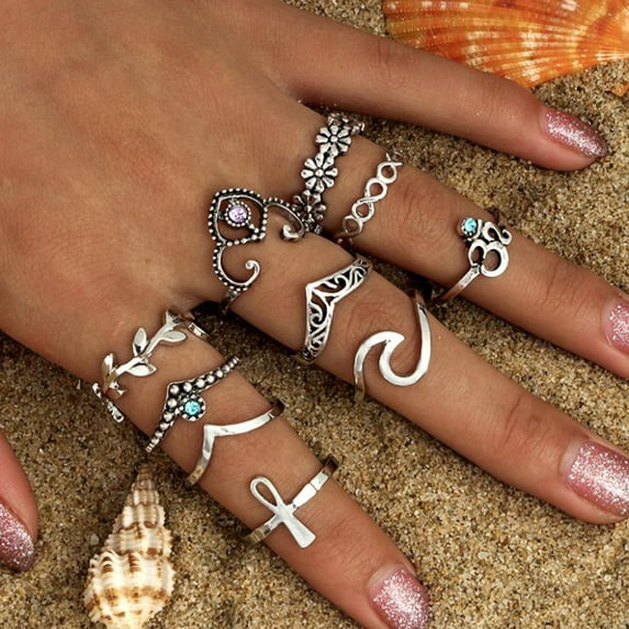 Rings for Women Womens 10Pcs/Set Vintage Silver Stack Above Knuckle Blue Set Ring