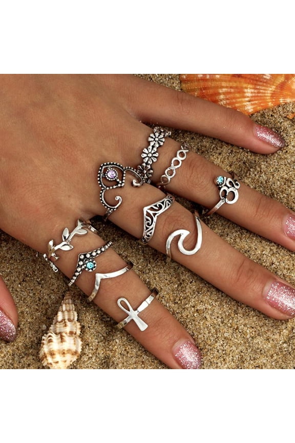 Rings for Women Womens 10Pcs/Set Vintage Silver Stack Above Knuckle Blue Set Ring