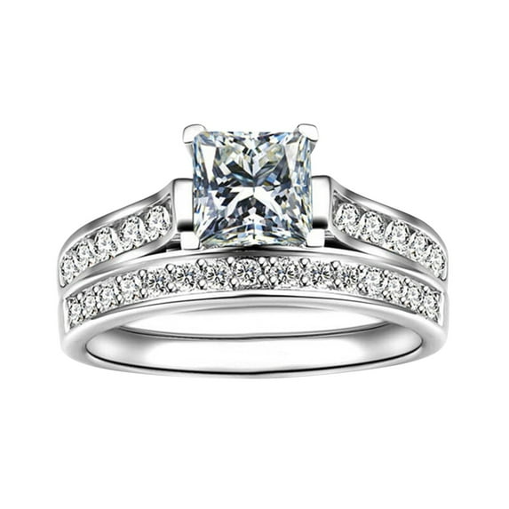Rings for Women and Couples White Zircon Square Ring Set 2-Piece White Square Ring Jewelry for Proposal Fashion Wedding Anniversary 2PCS