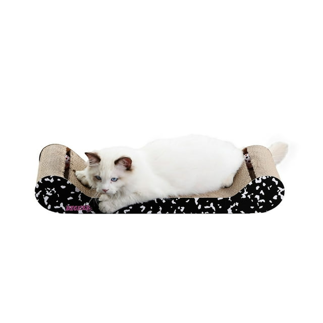 Rini 23.75" Modern Cardboard Lounge Bed Cat Scratcher with Built-In Bell Toys and Catnip, Black/White