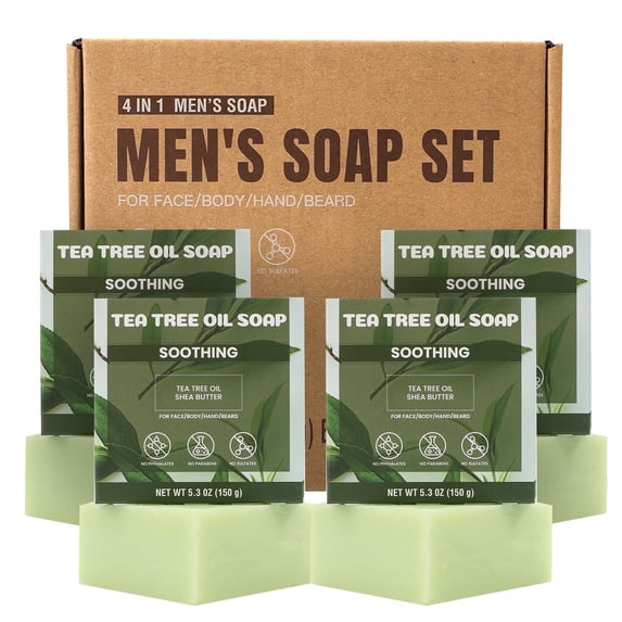Rinse & Robust Valentines Day Tea Tree Oil Bar Soap Set for Men Gifts, Smoothing Face &Body & Hands, 5.3 oz | 4 Bars