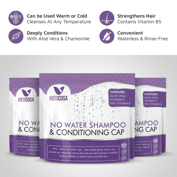 No Rinse Shampoo Caps - Waterless Shampoo and Conditioner Hair Wash Cap - Dry Hair Washing Aids with Aloe Vera and Vitamins - Pack of 5 Rinse Free No Water Shower Caps