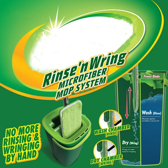 Rinse 'n Wring Mop and Bucket System | Microfiber Floor Mop | Hardwood Floor Cleaner | Wet & Dry Mop | Clean & Dirty Water Chambers | Power Blades | 4 Total Microfiber Pads