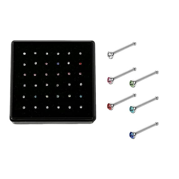 Rinsvye 36 Piece Box Of 18 Gauge Nose Stud Delicate Nose Studs European 3Mm Nose Stud & American Style Diamond Faux Nose Piercing Embedded Stainless Steel Nose Rings Packaged In A Heart Gaug