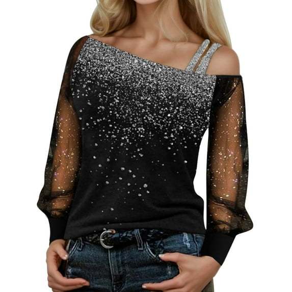 Rinsvye Sleeve Mesh Cold Tops Ladies Tee Tops Loose Shoulder Sequin T Long Sleeve Spandex Shirt Women Shirt Casual Long Print F Womens T Shirt Splice Women Blouse Women'S Long Sleeve Cheer Shir