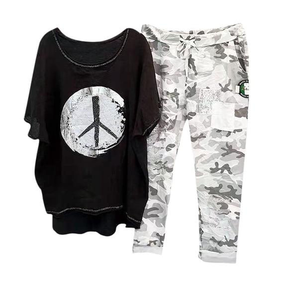 Rinsvye Women Fashion Casual Prints Button Shirt High Waist Loose Pocket Pant Two Piece Top And Bottom Set