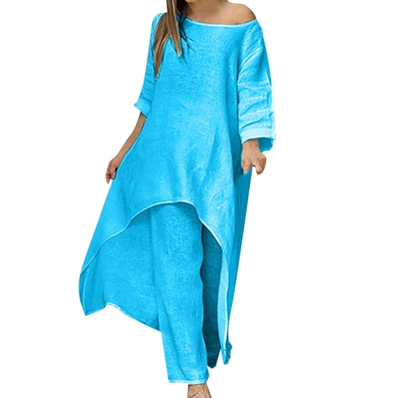 Rinsvye Women'S Cotton Fashion Casual Large Irregular Long Sleeved Suit Wide Leg Pants Two Piece Suit