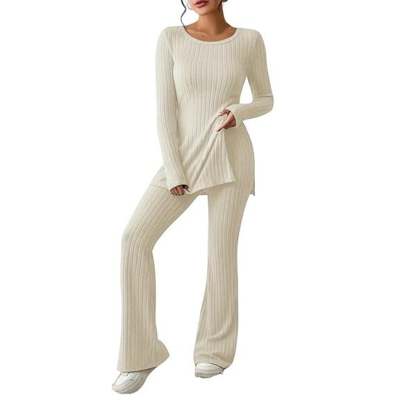 Rinsvye Women'S Two Piece Knit Matching Outfits Crew Neck Slit Hem Tee And Pants Tracksuit Sets
