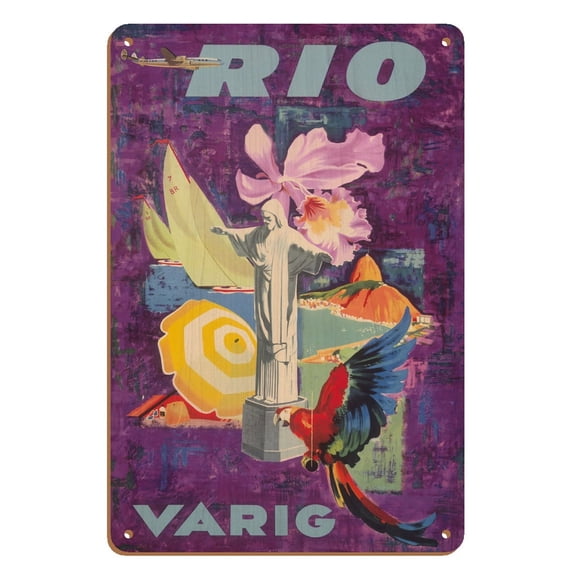 Rio Brazil - Varig Airlines - Vintage Airline Travel Poster c.1955 - 8 x 12 inch Vintage Wood Art Sign