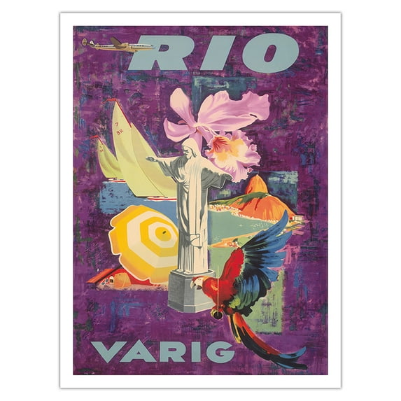 Rio Brazil - Varig Airlines - Vintage Airline Travel Poster c.1955 - Bamboo Fine Art 290gsm Paper Print (Unframed) 24x32in