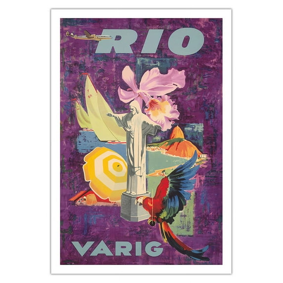 Rio Brazil - Varig Airlines - Vintage Airline Travel Poster c.1955 - Fine Art Matte Paper Print (Unframed) 30x44in