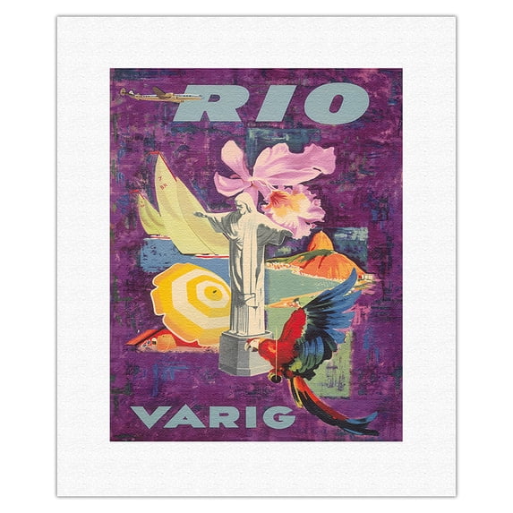 Rio Brazil - Varig Airlines - Vintage Airline Travel Poster c.1955 - Fine Art Rolled Canvas Print 11in x 14in