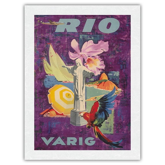 Rio Brazil - Varig Airlines - Vintage Airline Travel Poster c.1955 - Japanese Unryu Rice Paper Art Print 24 x 32 in