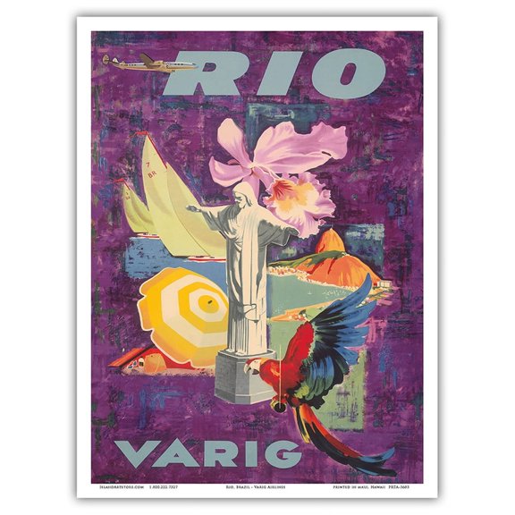 Rio Brazil - Varig Airlines - Vintage Airline Travel Poster c.1955 - Master Art Print (Unframed) 9in x 12in