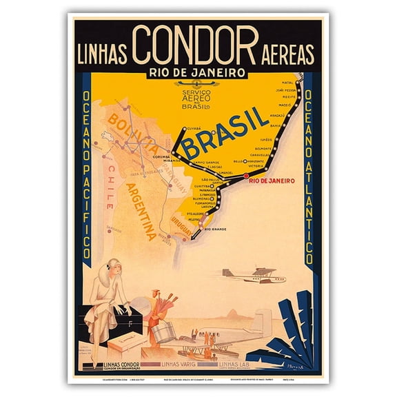 Rio De Janeiro Brazil - Air Routes in Brazil - Condor Varig Airline - Vintage Airline Travel Poster by Clement c.1930s - Master Art Print 10in x 14in