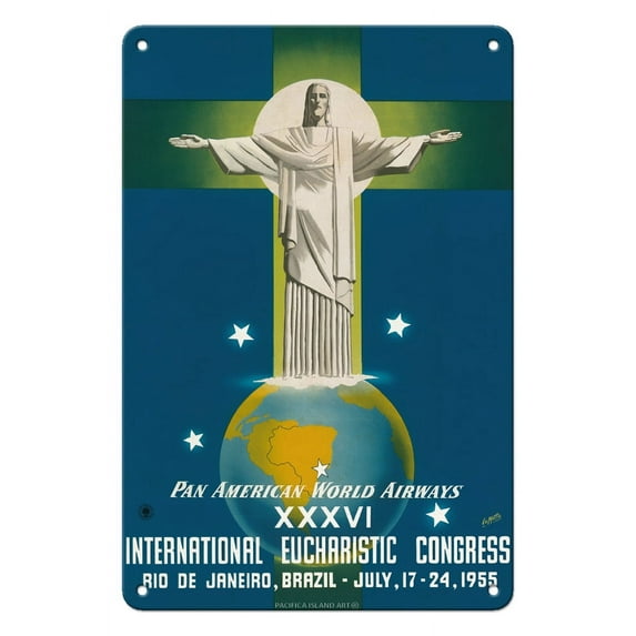 Rio De Janeiro Brazil - Christ the Redeemer Statue - Pan American World Airways - Vintage Airline Travel Poster by La Motta c.1955 - 8 x 12 inch Vintage Metal Tin Sign
