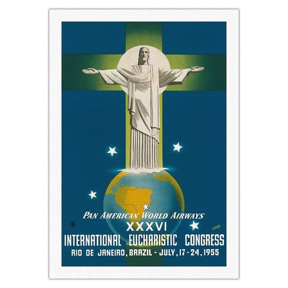 Rio De Janeiro Brazil - Christ the Redeemer Statue - Vintage Airline Travel Poster by La Motta c.1955 - Fine Art Rolled Canvas Print 27in x 40in